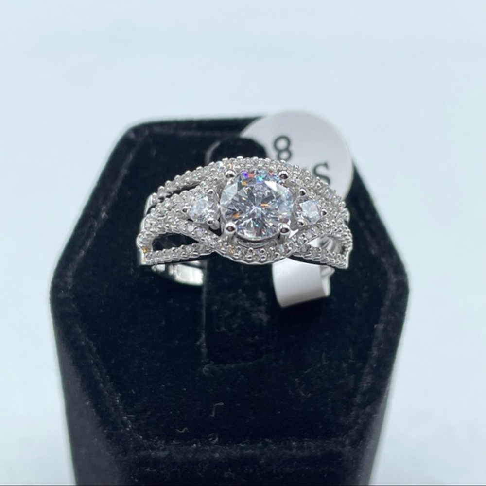 New 925 Sterling Silver CZ Diamond Bridal Wedding Ring Set Halo 2 Band